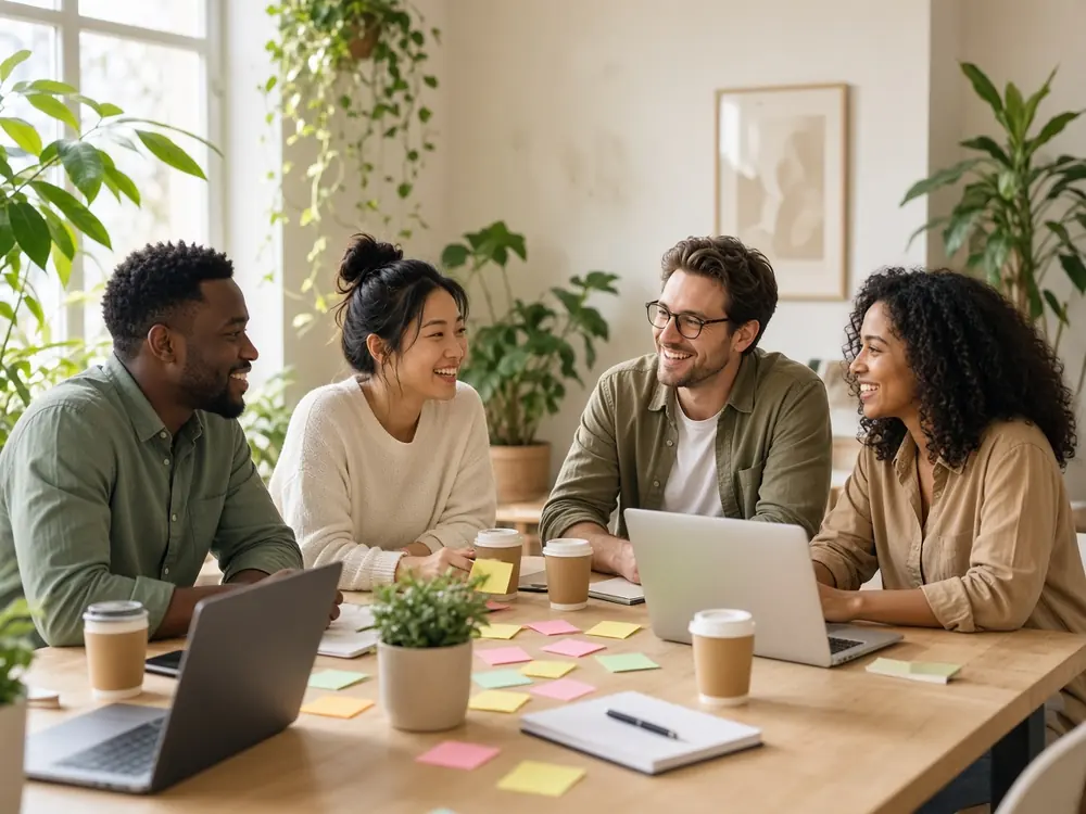 Four colleagues smiling and talking around a table with sticky notes and laptops