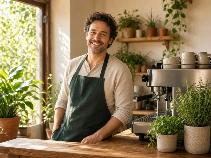 A cafe owner smiling behind a wooden counter