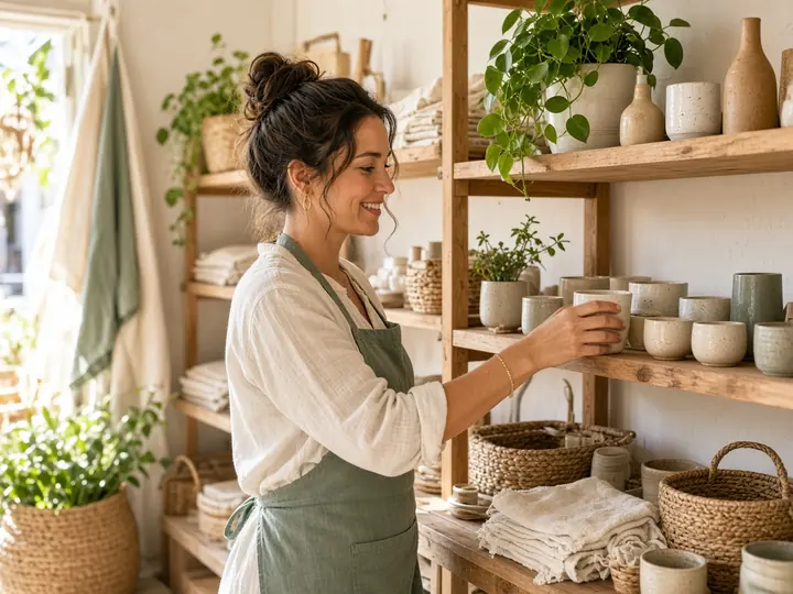 A shop owner arranging products on wooden shelves