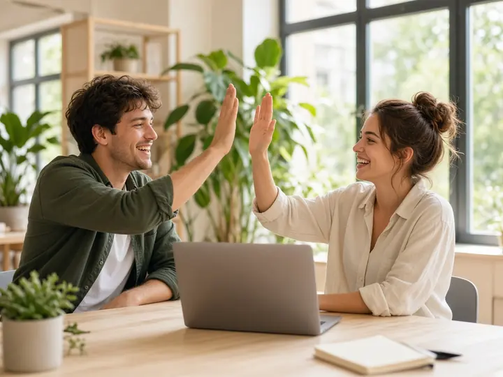 Two startup founders celebrating with a high five
