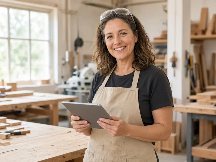 A workshop owner holding a tablet in a bright woodworking shop