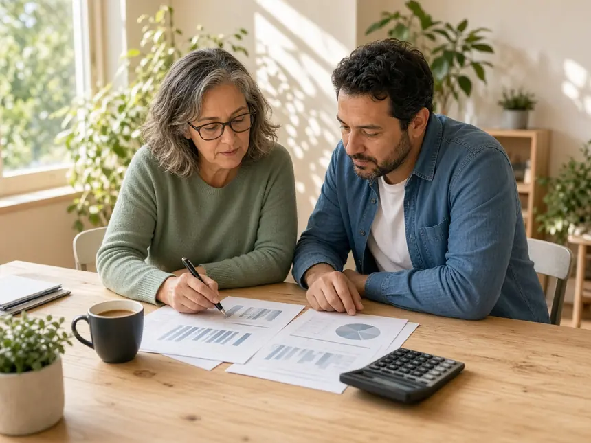 An advisor and a business owner reviewing financial charts together at a table