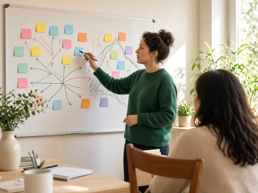 A consultant mapping a plan on a whiteboard with sticky notes while a client watches