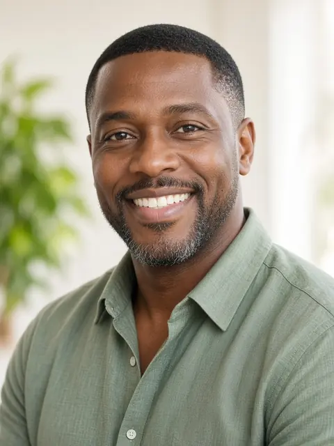 Portrait of a smiling man in a sage green shirt