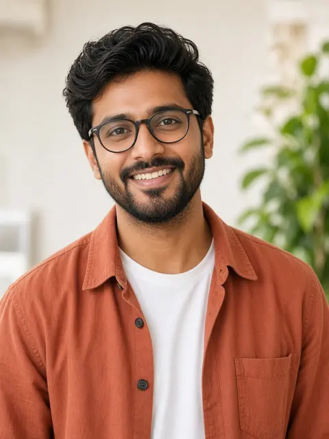 Portrait of a smiling man with glasses in a terracotta overshirt
