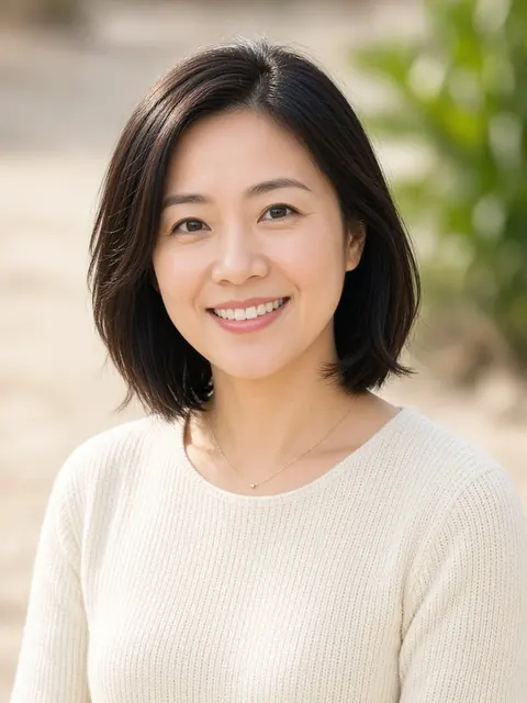 Portrait of a smiling woman in a cream knit top