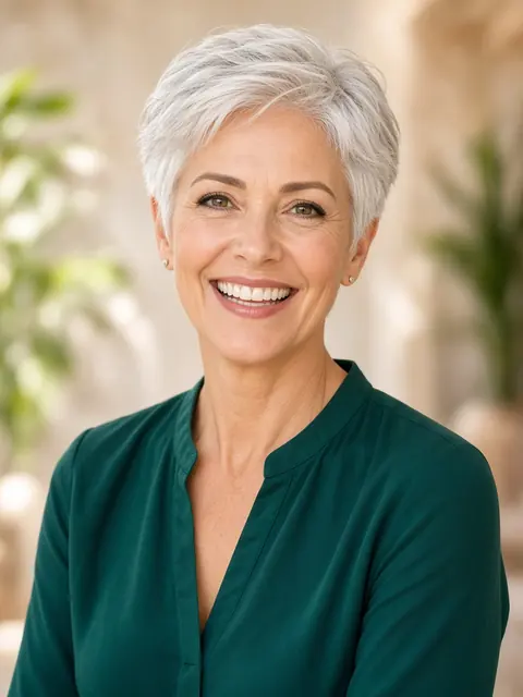 Portrait of a smiling woman with silver hair in an emerald blouse